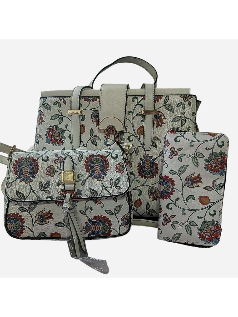 3 Piece Jacobean Floral Print Veg Leather Bag Set Tote Mini Crossbody Zip Wallet